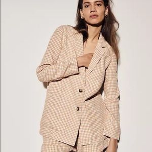 Madewell Dorset Gingham Tan White Linen Blazer Size Medium Oversize Lightweight